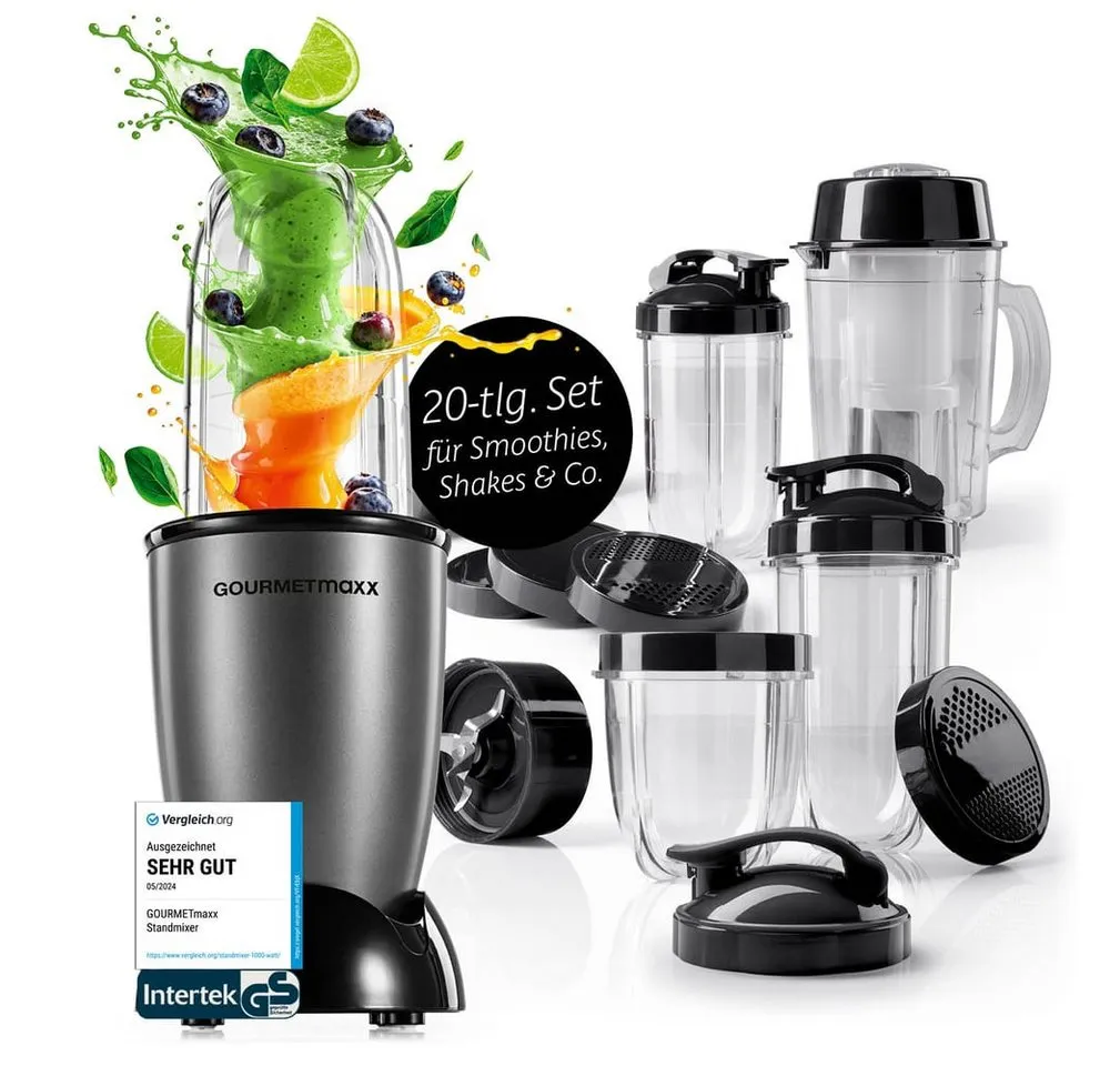 GOURMETmaxx Standmixer Mixer Mr. Magic 19-tlg. 400W anthrazit/schwarz, 400 W, inkl. Zubehör-Set L rot Speisen Smoothies Getränke 4 Mixbecher To-Go