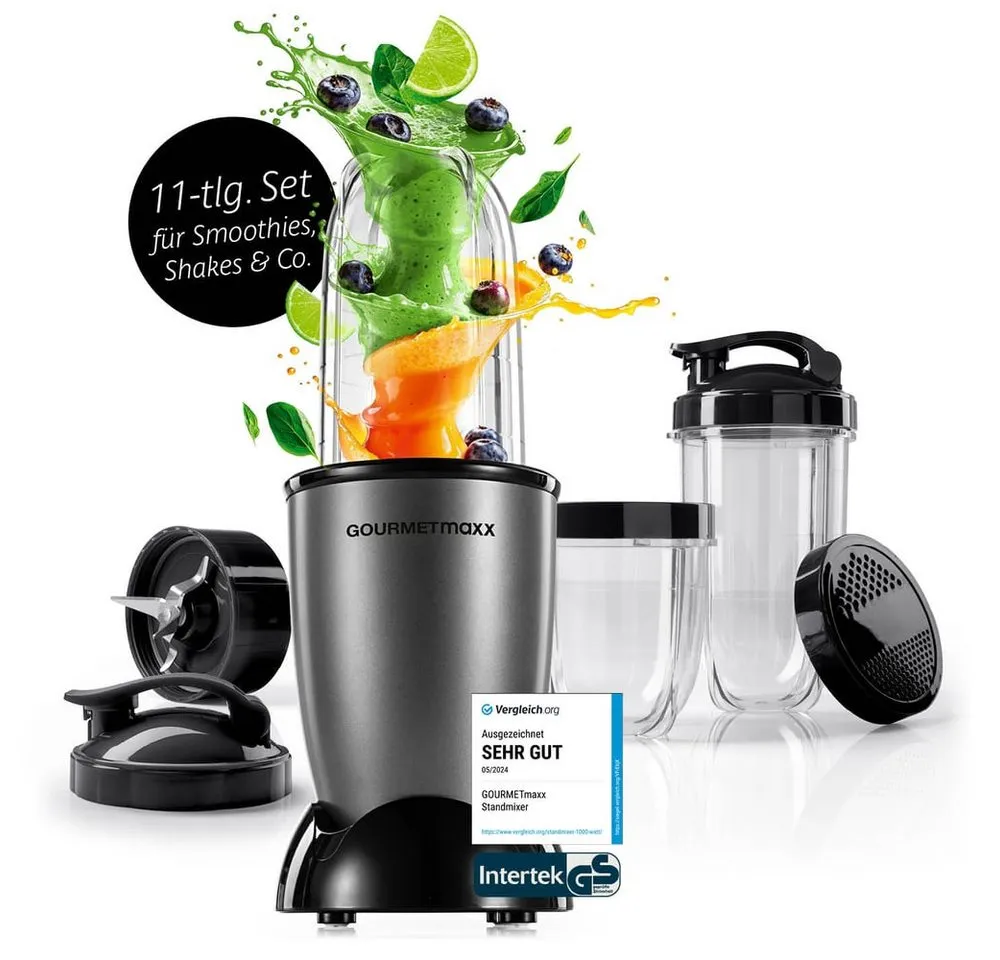 GOURMETmaxx Standmixer Mixer Mr. Magic 10-tlg. 400W anthrazit/schwarz, 400 W, inkl. Zubehör-Set L rot Speisen Smoothies Getränke 3 Mixbecher To-Go