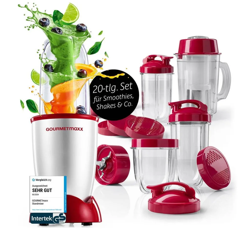 GOURMETmaxx Standmixer Mixer Mr. Magic 19-tlg. 400W silber/rot, 400 W, inkl. Zubehör-Set L rot Speisen Smoothies Getränke 4 Mixbecher To-Go
