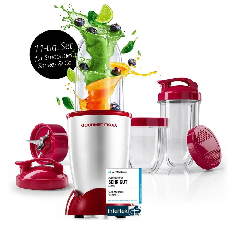 GOURMETmaxx Standmixer Mixer Mr. Magic 10-tlg. 400W silber/rot, 400 W, inkl. Zubehör-Set L rot Speisen Smoothies Getränke 3 Mixbecher To-Go