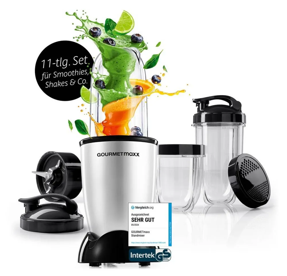 GOURMETmaxx Standmixer Mixer Mr. Magic 10-tlg. 400W silber/schwarz, 400 W, inkl. Zubehör-Set L rot Speisen Smoothies Getränke 3 Mixbecher To-Go