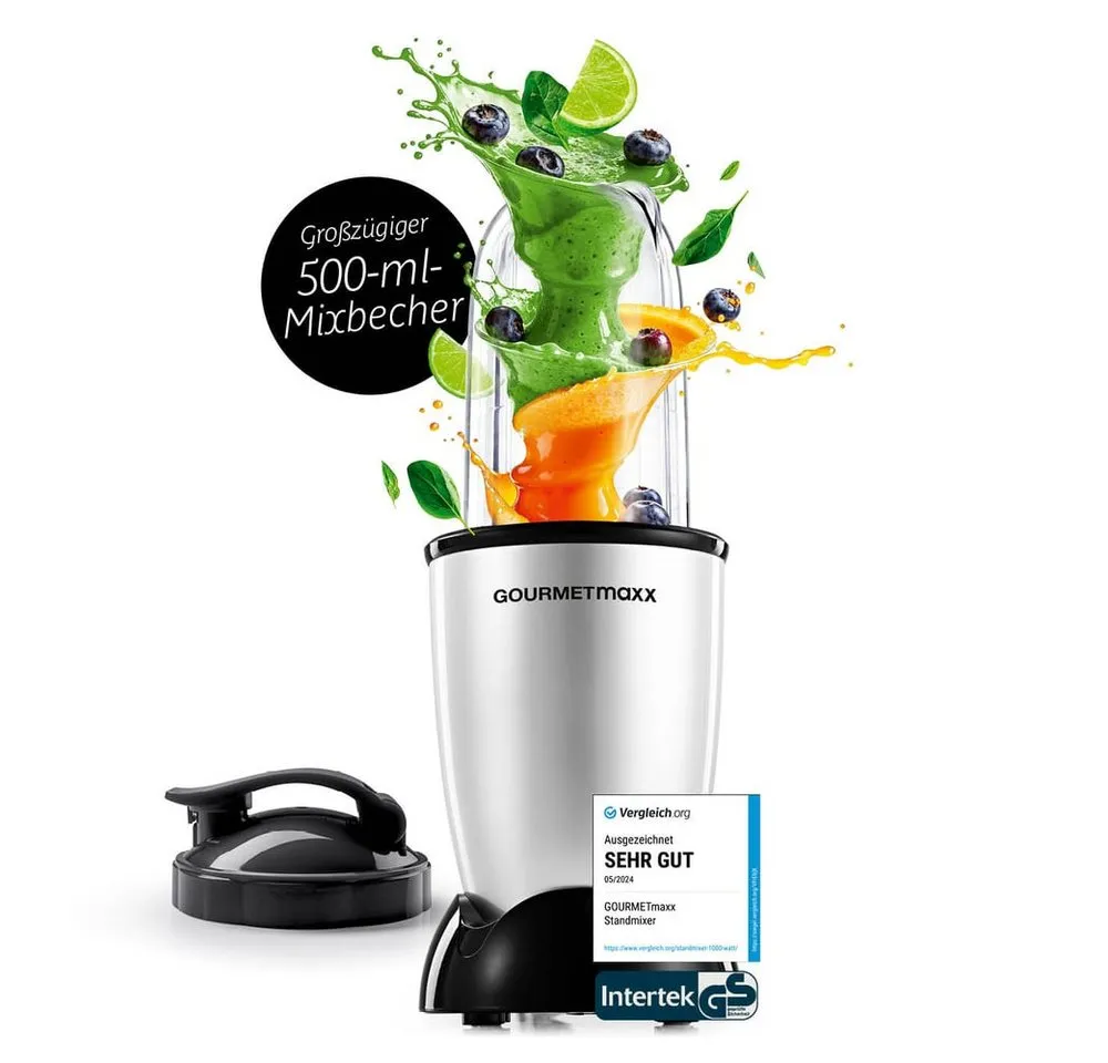 GOURMETmaxx Standmixer Mr. Magic 4-tlg. 400W silber/schwarz, 400 W, Elektrischer Mini-Mixer 500ml pürieren Smoothies Shakes Cocktails