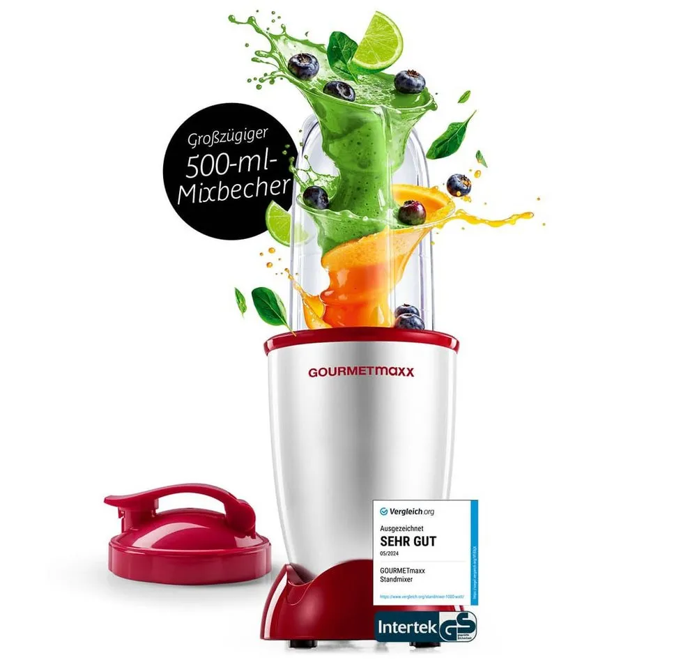 GOURMETmaxx Standmixer Mr. Magic 4-tlg. 400W silber/rot, 400 W, Elektrischer Mini-Mixer 500ml pürieren Smoothies Shakes Cocktails