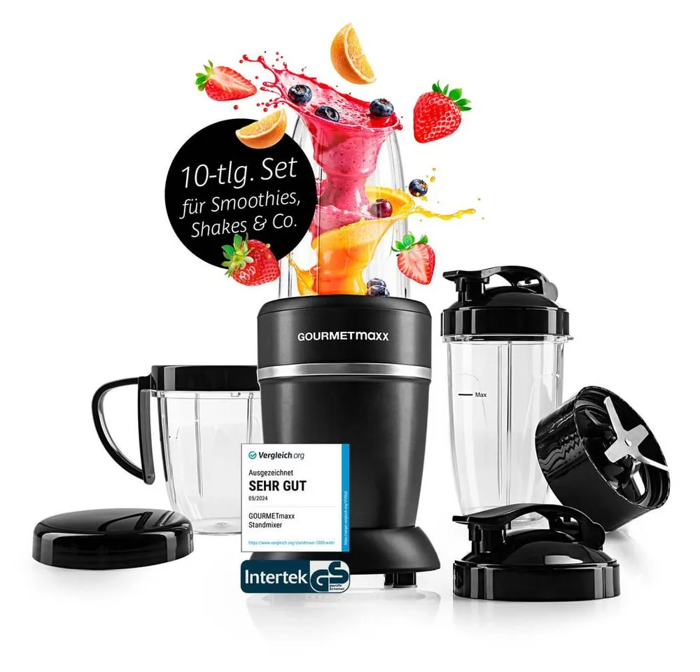 GOURMETmaxx Standmixer Nutrition Mixer 10-tlg., Smoothie Maker mit to go Deckel, 1000 W, mit Mixbecher & Frischhaltedeckel – ideal zum Aufbewahren