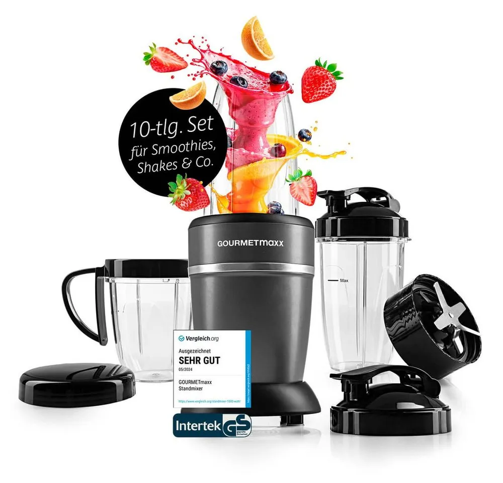 GOURMETmaxx Standmixer Nutrition Mixer 10-tlg., Smoothie Maker mit to go Deckel, 1000 W, mit Mixbecher & Frischhaltedeckel – ideal zum Aufbewahren