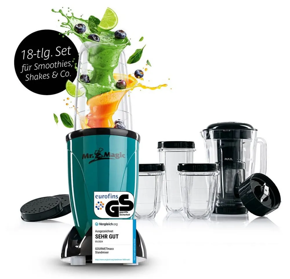 GOURMETmaxx Standmixer Smoothie Maker & Standmixer 18tlg. Set - 400W, 400 W, Mixer inkl. 4 To-Go Becher, 2 Klingen, Entsafter, Stößel & Deckel