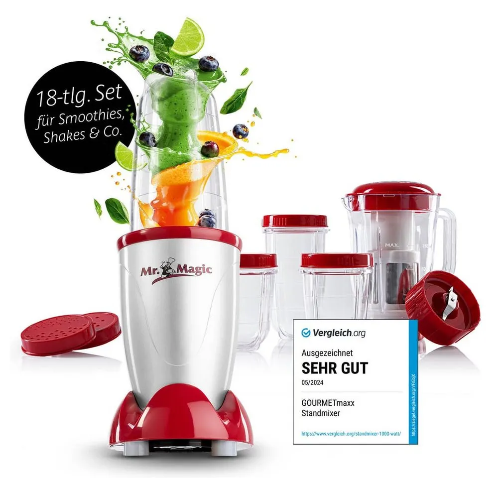GOURMETmaxx Standmixer Smoothie Maker & Standmixer 18tlg. Set - 400W, 400 W, Elektrischer Blender 750ml, Mixer inkl. 4 To-Go Becher