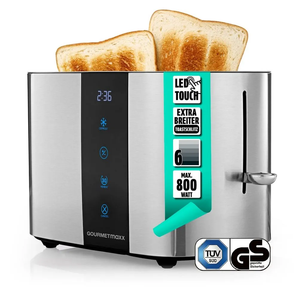 GOURMETmaxx Toaster Toaster 2 Scheiben Kurzschlitz mit Touch-Display, 800 W, 800W schwarz, 6 Bräunungsgrade, Touchscreen, Brötchenaufsatz