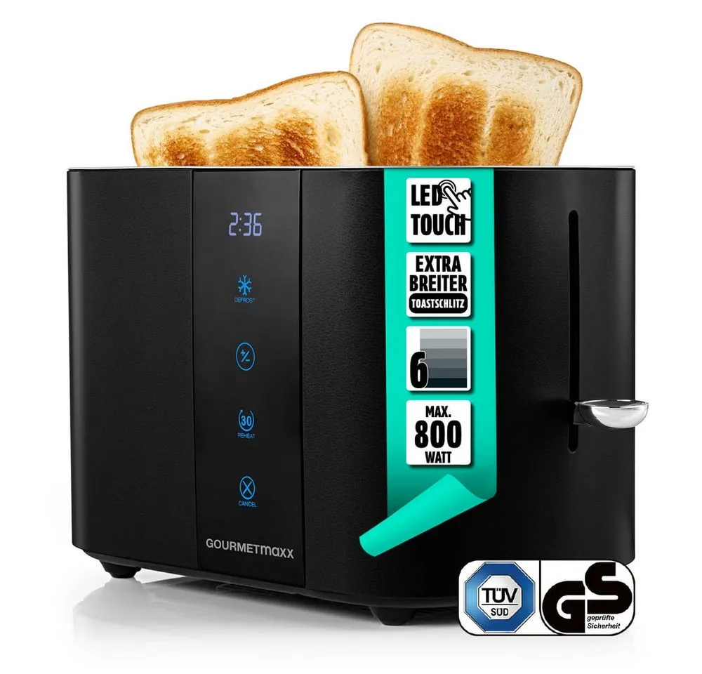 GOURMETmaxx Toaster Toaster 2 Scheiben Kurzschlitz mit Touch-Display, 800 W, 800W schwarz, 6 Bräunungsgrade, Touchscreen, Brötchenaufsatz