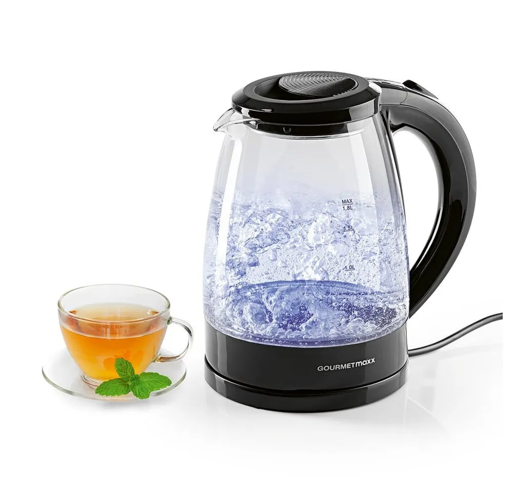GOURMETmaxx Wasserkocher aus Glas mit automatischer Abschaltung max. 1800 W, 1800 W, 360° drehbar, Wasserstandsanzeige, LED-Beleuchtung-1,8L Füllmenge