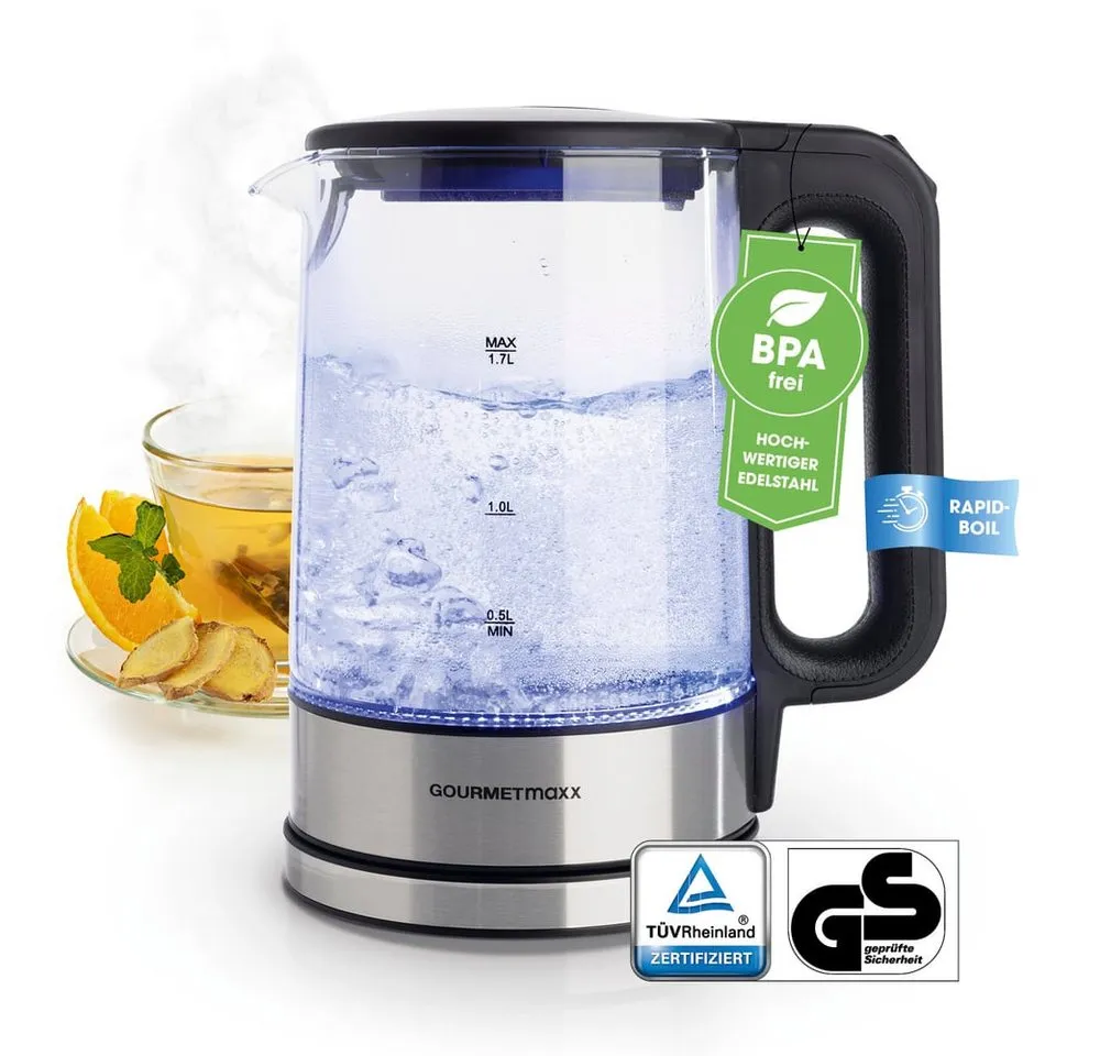 GOURMETmaxx Wasserkocher Glas 1,7 Liter mit integrierter Beleuchtung, 2200 W, Leistungsstarker Boiler mit Abschaltfunktion & Kalkfilter [Silber]