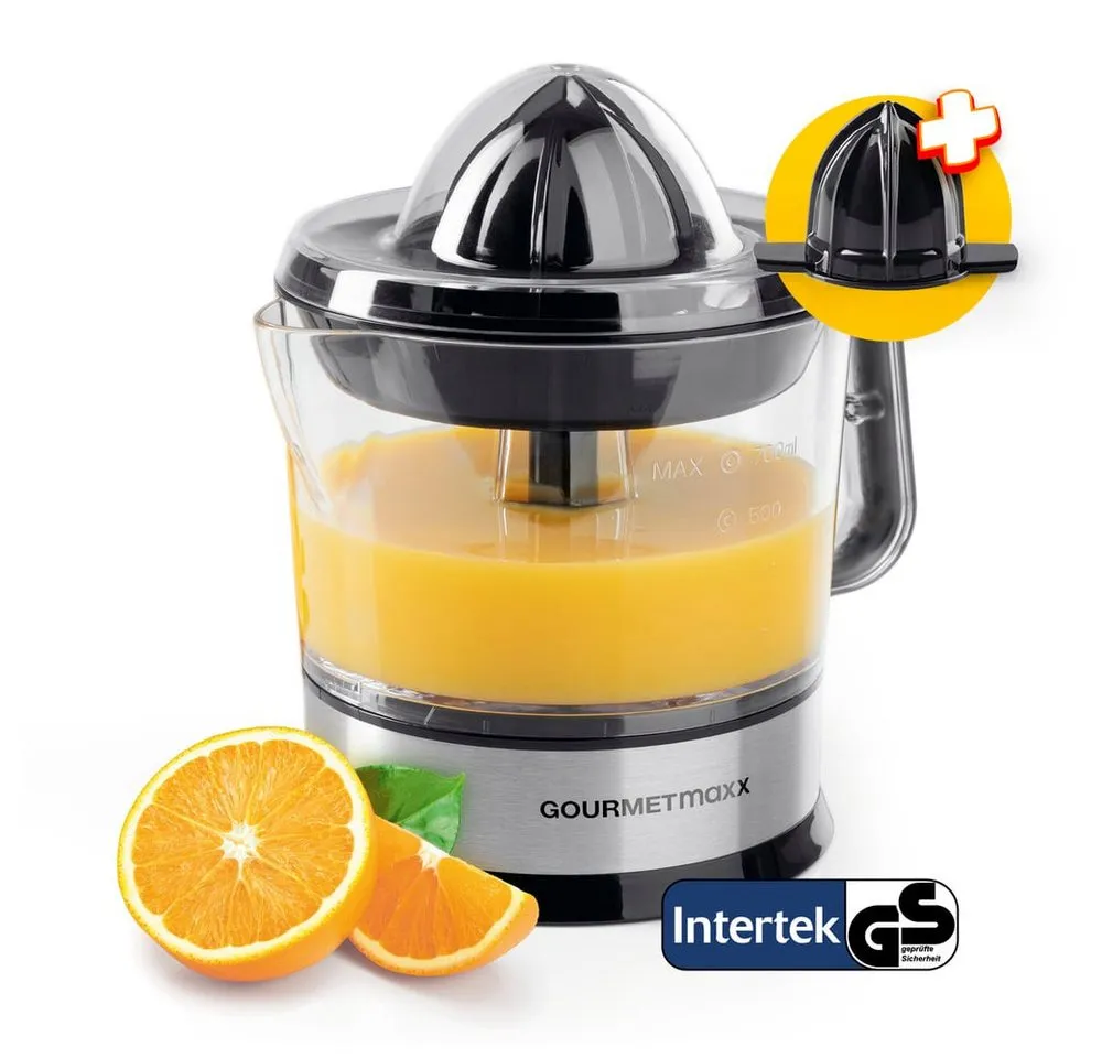 GOURMETmaxx Zitruspresse Elektrische Zitruspresse Für bis zu 700 ml Saft, 40 W, 2 Pressaufsätze für frisch-gepressten Saft aus Orangen,Grapefruits etc