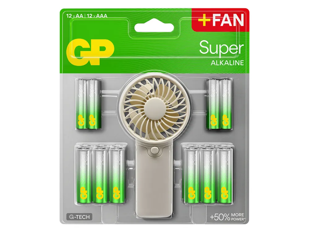 Alkaline Batterien GP, 12x AAA, 12x AA + kostenloser Handventilator