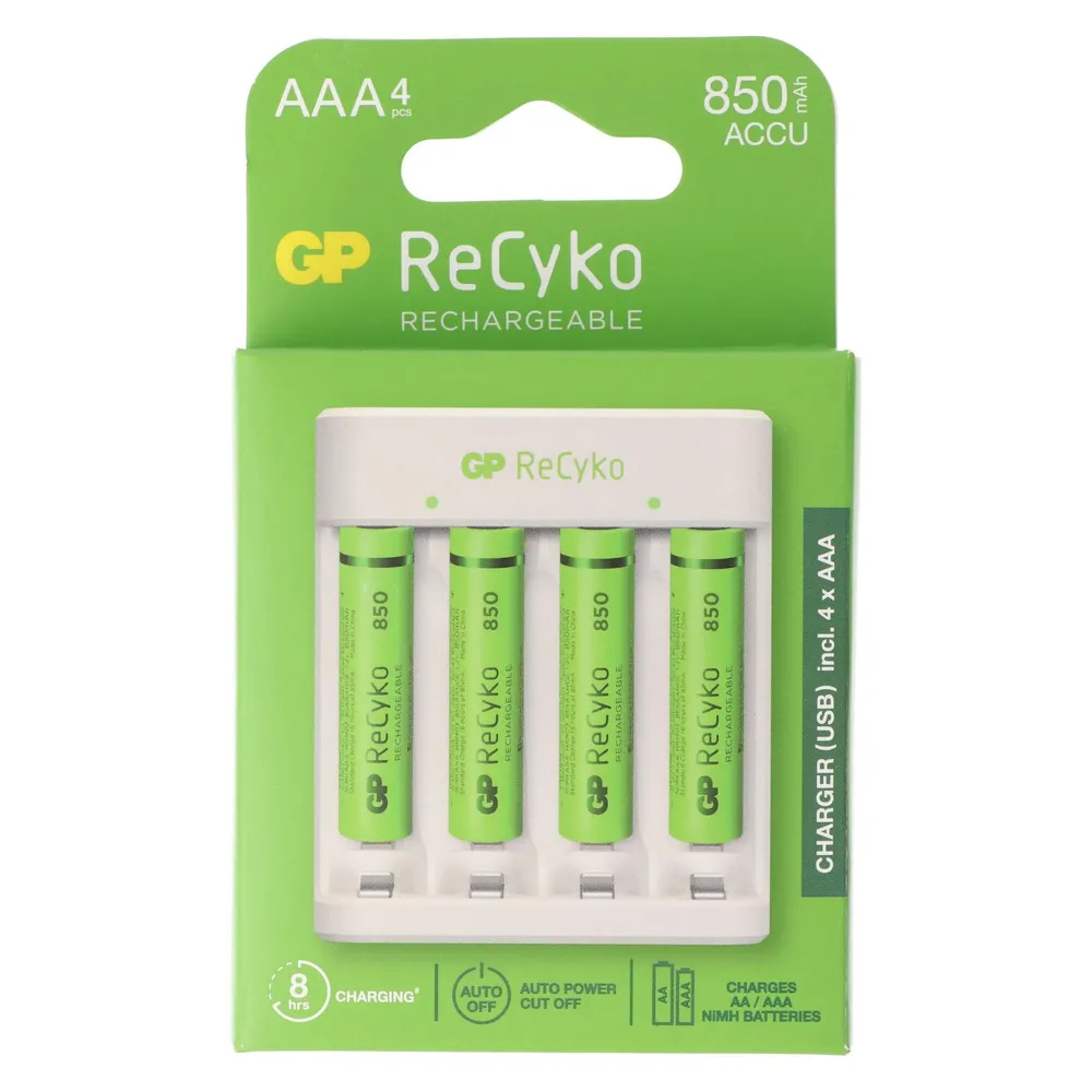 GP Batteries USB-Modell Ladegerät GP E411 inkl. 4x ReCyko 1,2V AAA Micro 850 mAh Akkus