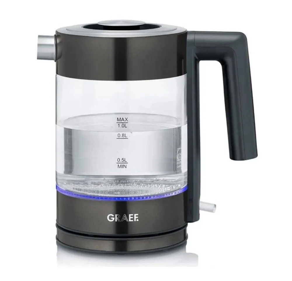 Graef Wasserkocher WK 302 Glaswasserkocher Edelstahl schwarz 1 Liter LED beleuchtet, 2000 W, Kalkfilter Trockengehschutz Überhitzungsschutz Abnehmbarer Deckel