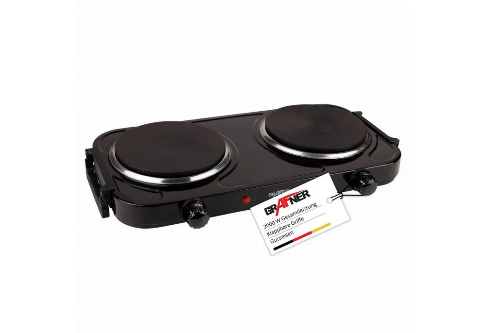 Grafner Doppelkochplatte Grafner® 2000 Watt mit klappbaren Griffen Schwarz, Mobile Herdplatte, Überhitzungsschutz, 2000 Watt