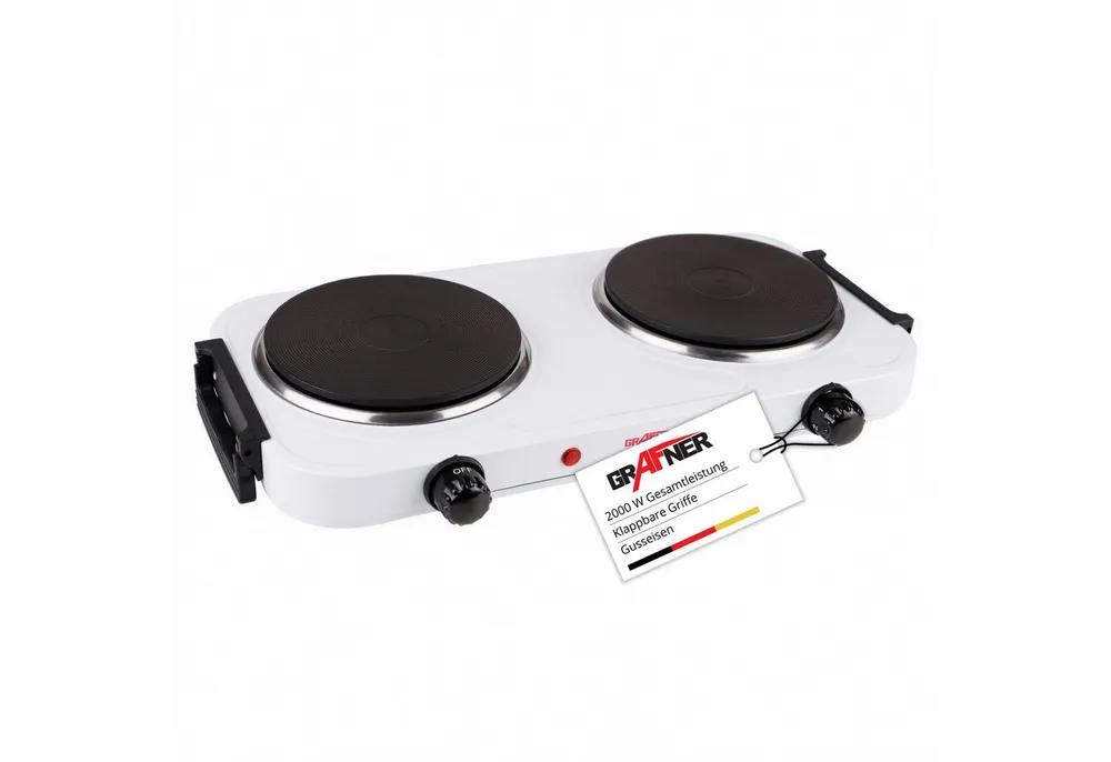 Grafner Doppelkochplatte Grafner® 2000 Watt mit klappbaren Griffen Weiß, Mobile Herdplatte, Überhitzungsschutz, 2000 Watt