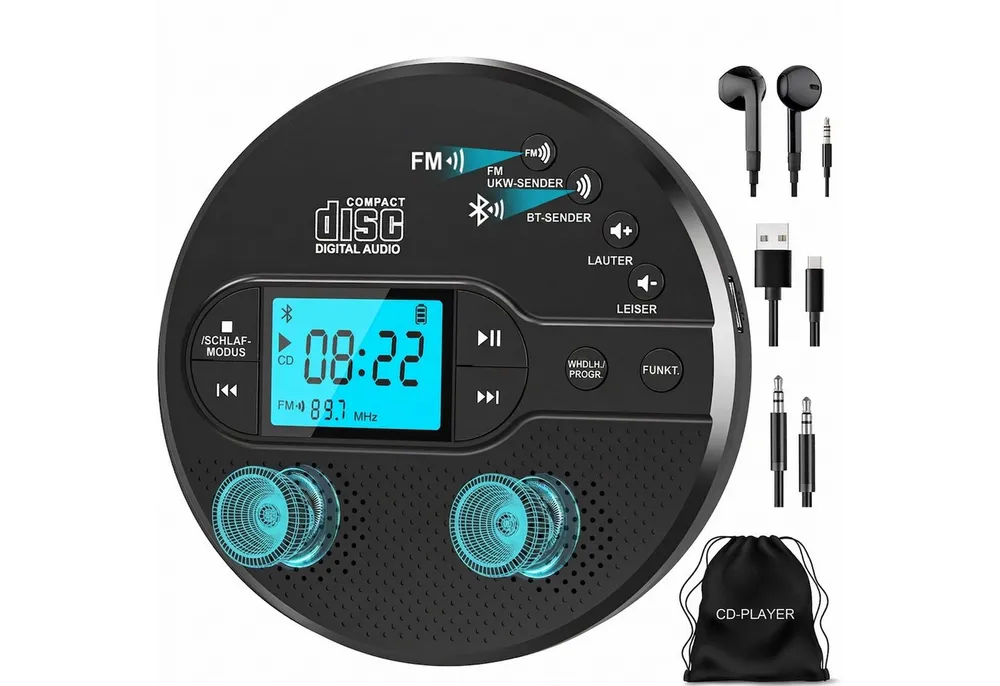 Greadio mit Bluetooth & Akku, FM Transmitter fürs Auto Audio, Schwarz CD-Player (Tragbar, Wiederaufladbar, Anti-Rutsch- & Stoßschutz, Sleep-Timer, Breite Formatkompatibilität)