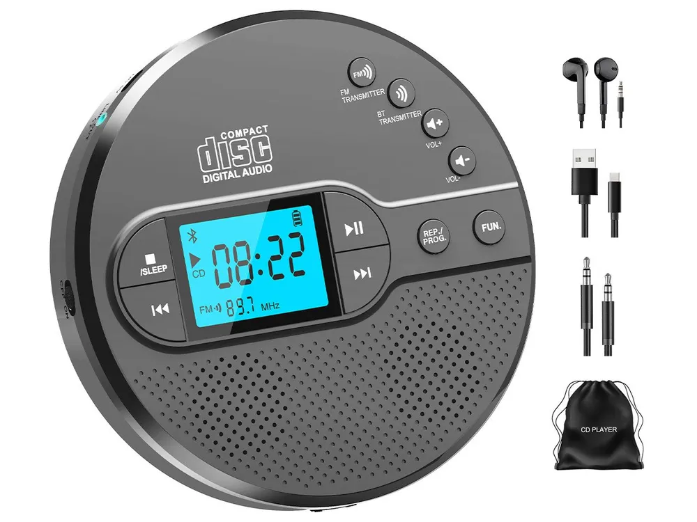 Greadio mit Bluetooth & Akku, FM Transmitter fürs Auto Audio, Schwarz CD-Player (Tragbar, Wiederaufladbar, Anti-Rutsch- & Stoßschutz, Sleep-Timer, Breite Formatkompatibilität)
