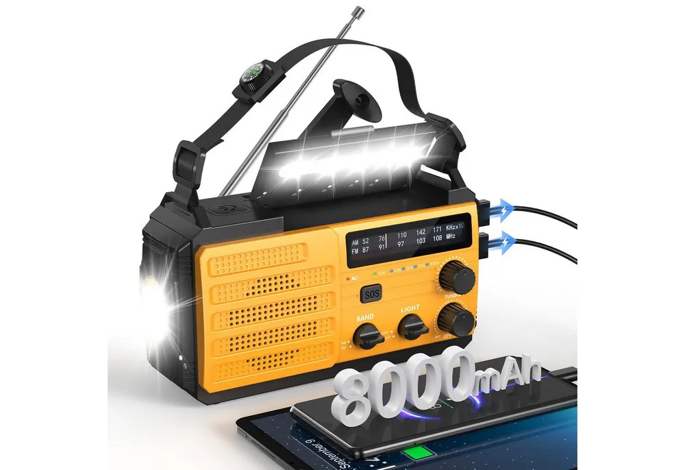 Greadio Notfall Kurbelradio, 8000mAh, 3-fach Ladung, AM/FM SOS Taschenlampe Radio (SOS-Alarm, AM/FM-Empfang, Kompass & Leselicht, USB Notfall-Ladegerät für Outdoor & Katastrophen)