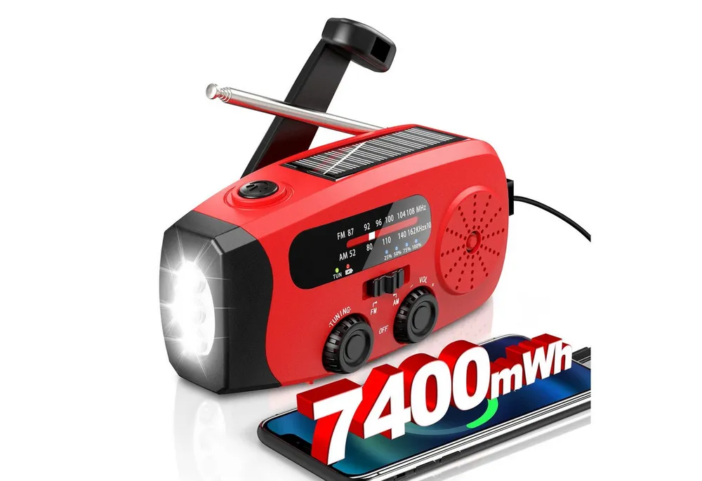 Greadio Solar-Kurbelradio Rot, Tragbares AM/FM Notfallradio, 086S Radio (AM-Tuner, FM-Tuner, NOAA-Wetterradio (WB), 0,5 W, mit LED-Lampe & 2000mAh Akku)