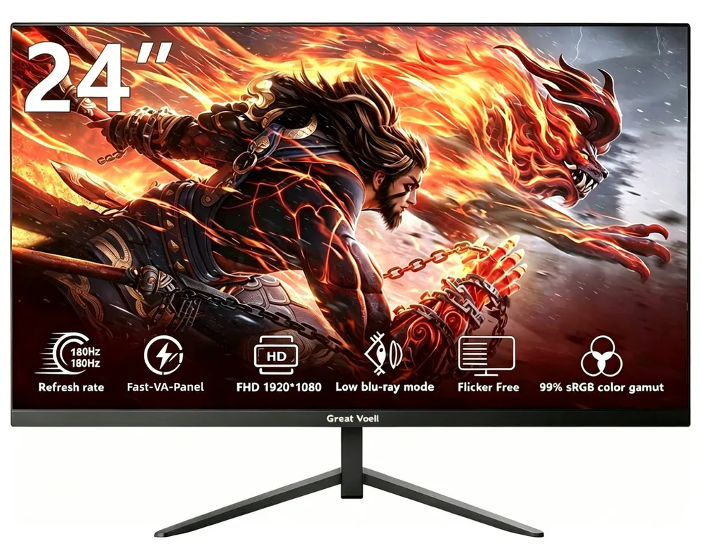 Great Voell 24 Zoll FHD-1080p-Monitor, 180Hz, VESA, Rahmenloser Gaming-Monitor (61 cm/24 ", 1920 x 1080 px, FHD, 1 ms Reaktionszeit, 180 Hz, VA LED, HDMI & DisplayPort, AMD FreeSync & G-Sync, FPS/RTS Mode, 180Hz)