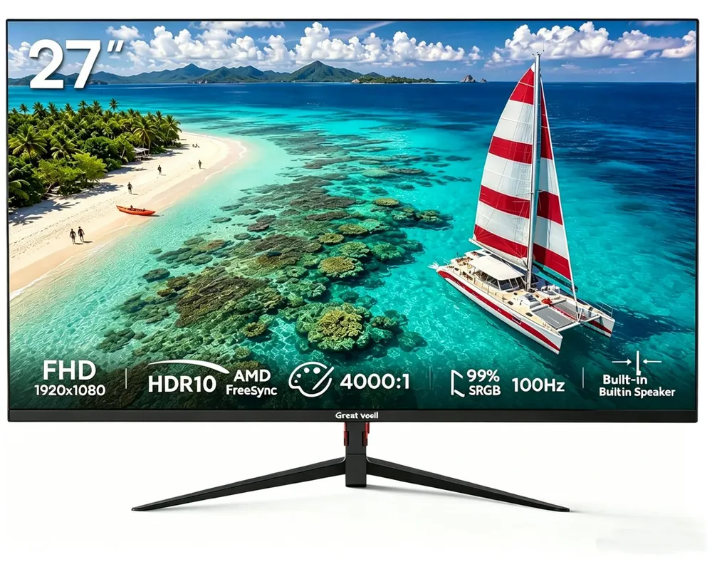 Great Voell 27 Zoll FHD 1080P Monitor, 100 Hz, VA-Panel Home Office Gaming-Monitor (68,6 cm/27 ", 1920 x 1080 px, FHD, 1 ms Reaktionszeit, 100 Hz, VA LED, HDR10, 100 Hz, Rahmenloses Design, VESA, Home Office)