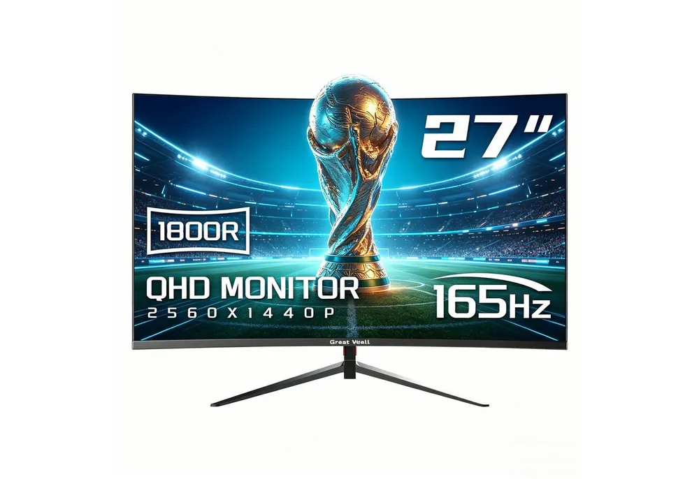 Great Voell 27 Zoll QHD 2K(2560x1440px) PC Monitor, 165Hz, Rahmenlos Curved Gaming-Monitor (69 cm/27 ", 2560 x 1440 px, QHD, 1 ms Reaktionszeit, 165 Hz, VA LED, HDR, FreeSync, VESA, HDMI & DP, 1440px, 165Hz, 2K)