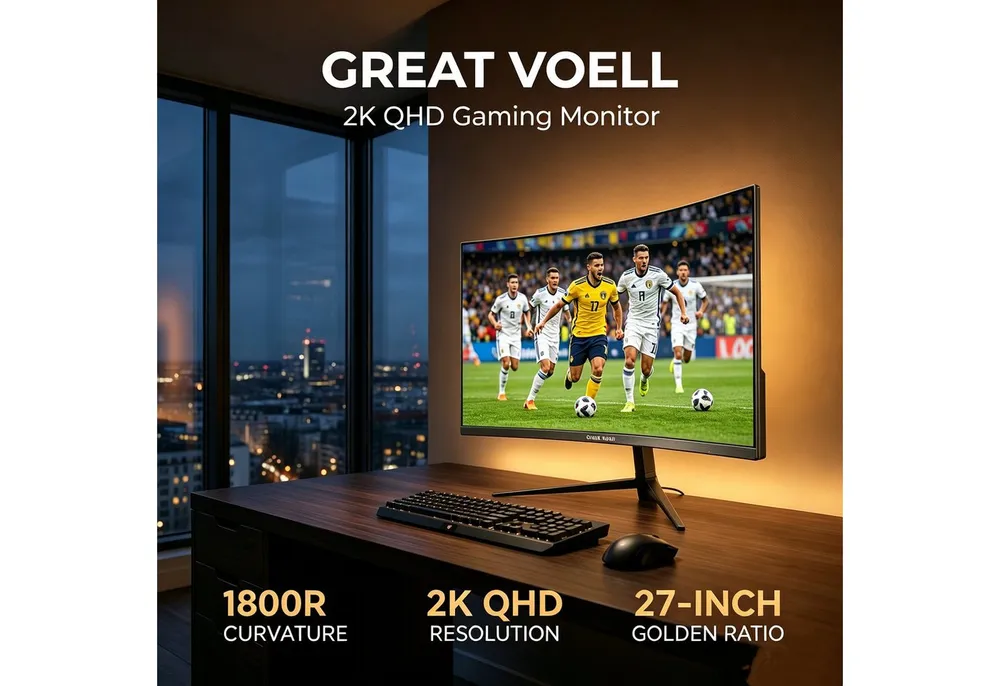 Great Voell Q270B25 Adaptive Sync, QHD, 1440P, 165Hz, 2K Curved Gaming-Monitor (68,58 cm/27 ", 2560x1440 px, QHD, 1 ms Reaktionszeit, 165 Hz, VA LED, 16:9, HDMI & DisplayPort, AMD FreeSync, 1440px, HDR10, 165Hz)