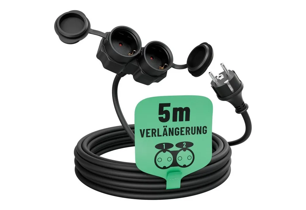 greate. 2fach Verlängerungskabel 5m - wasserdicht, Mehrfachsteckdose, 3500 W Verlängerungskabel, (500 cm)