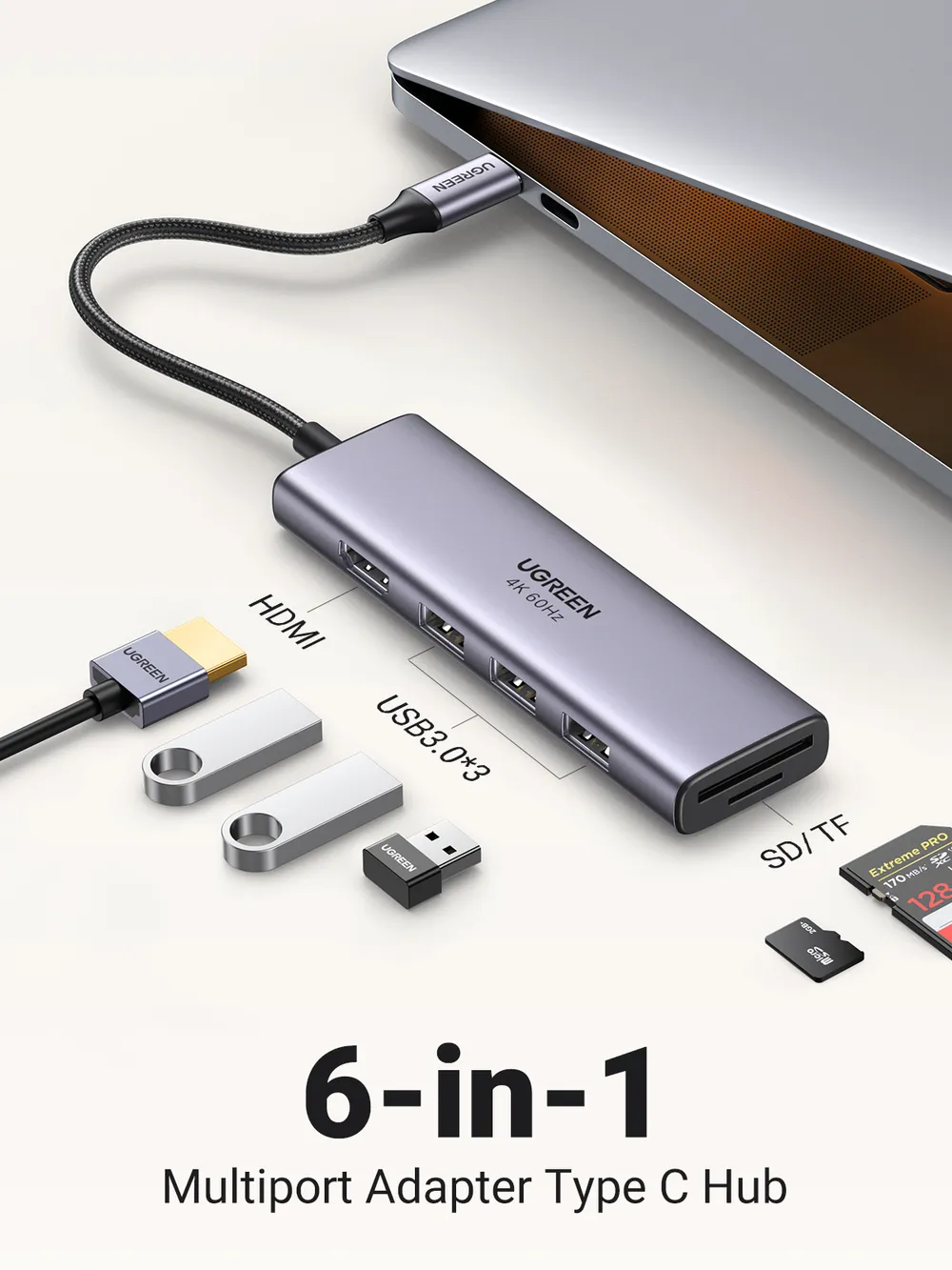 USB-C Hub Ugreen CM511 5 Ports 5Gbps HDMI 4K USB 3.0 SD/TF Grau USB-C Hub Ugreen CM511 5 Ports 5Gbps HDMI 4K USB 3.0 SD/TF Grau