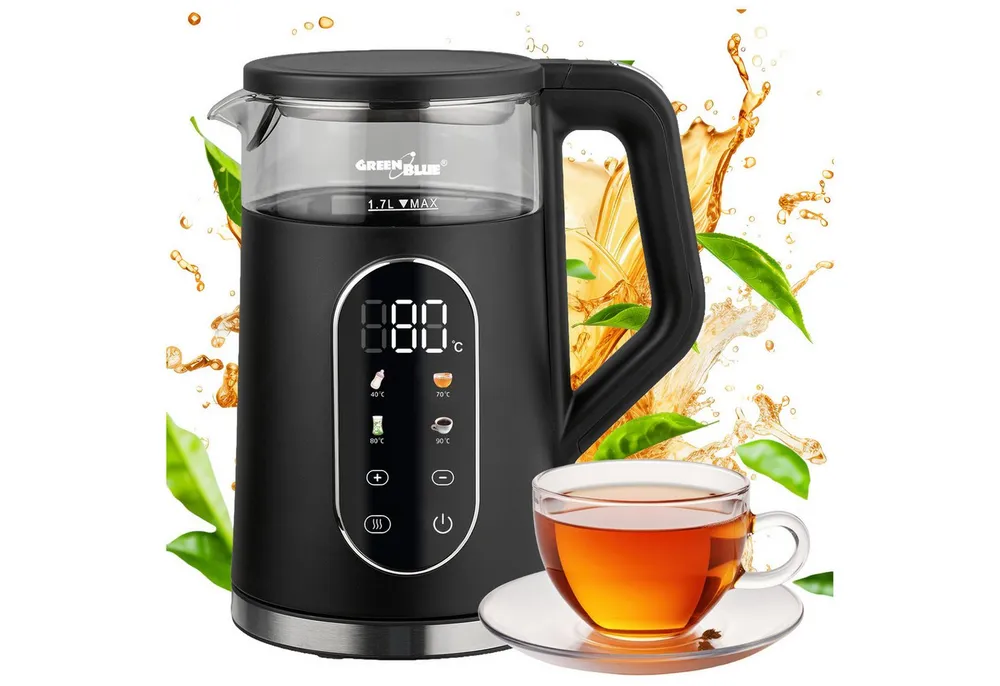 GreenBlue Wasserkocher GB670 B Kabelloser Wasserkocher 2200 W 1,7 L, 1,7 l, 2200 W, Glasbehälter, gut ablesbares Display, Temperaturwahl