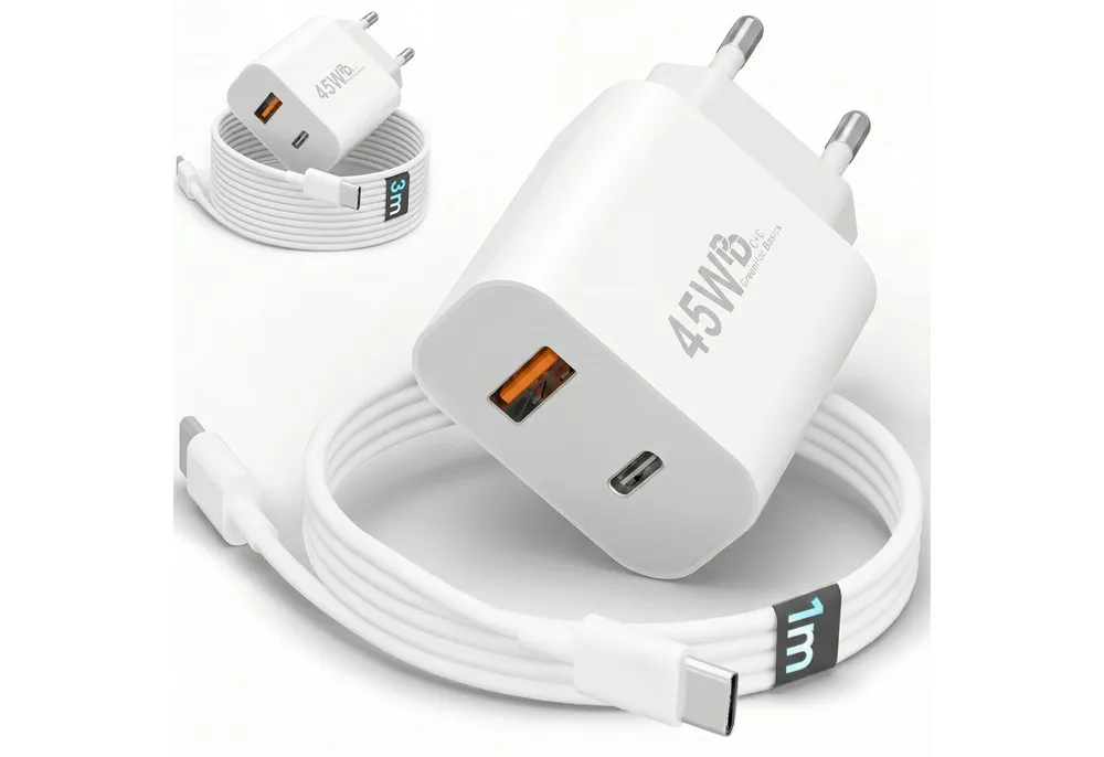 GreenHec 45w Schnellladegerät USB C Charger für Samsung S26 S25 S24 S23 iPhone Schnelllade-Gerät (50 mA, Spar-Set, 45w USB-C + USB-A Dual Charger + USB-C Kabel, 17 16 15 14 13 12 11 Pro Max Air Netzteil + USB-C Ladekabel 1m 2m 3m)