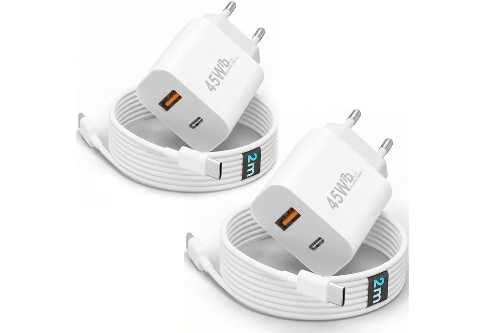 GreenHec 45w Schnellladegerät USB C Charger für Samsung S25 S24 S23 iPhone Schnelllade-Gerät (Spar-Set, 45w USB-C + USB-A Dual Charger (2er Pack) + 2m Kabel (2er Pack), Netzteil Stecker Adapter Tablet Handy Google Dual Doppel Ladegerät)