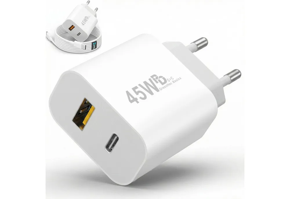 GreenHec 45w Schnellladegerät USB C Charger für Samsung S25 S24 S23 iPhone Schnelllade-Gerät (50 mA, Spar-Set, 45w USB-C + USB-A Dual Charger, Netzteil Stecker Adapter Tablet Handy Google Dual Doppel Ladegerät)