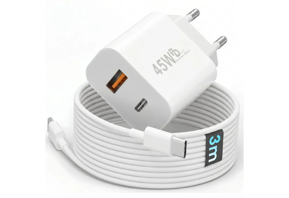 GreenHec 45w Schnellladegerät USB C Charger für Samsung S26 S25 S24 S23 iPhone Schnelllade-Gerät (50 mA, Spar-Set, 45w USB-C + USB-A Dual Charger + USB-C Kabel, 17 16 15 14 13 12 11 Pro Max Air Netzteil + USB-C Ladekabel 1m 2m 3m)