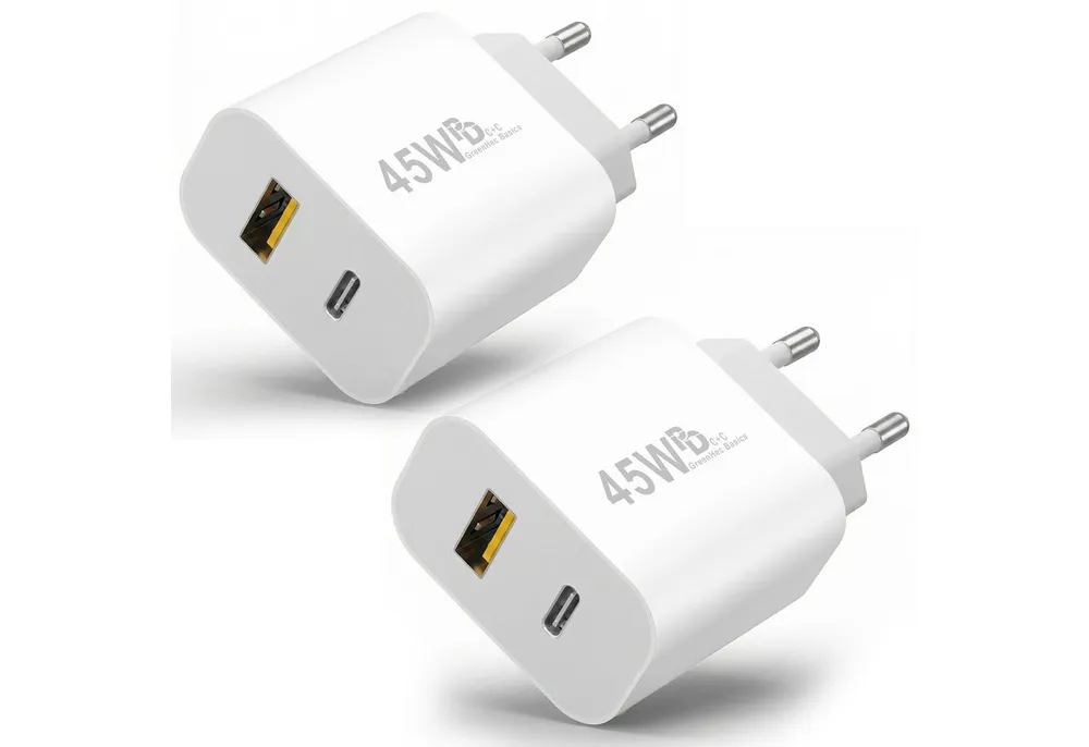GreenHec 45w Schnellladegerät USB C Charger für Samsung S25 S24 S23 iPhone Schnelllade-Gerät (Spar-Set, 45w USB-C + USB-A Dual Charger (2er Pack), Netzteil Stecker Adapter Tablet Handy Google Dual Doppel Ladegerät)