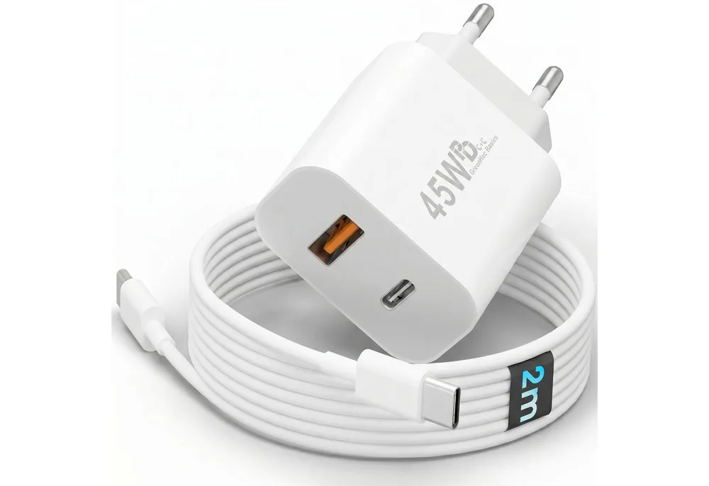 GreenHec 45w Schnellladegerät USB C Charger für Samsung S25 S24 S23 iPhone Schnelllade-Gerät (Spar-Set, 45w USB-C + USB-A Dual Charger + 2m Kabel, Netzteil Stecker Adapter Tablet Handy Google Dual Doppel Ladegerät)