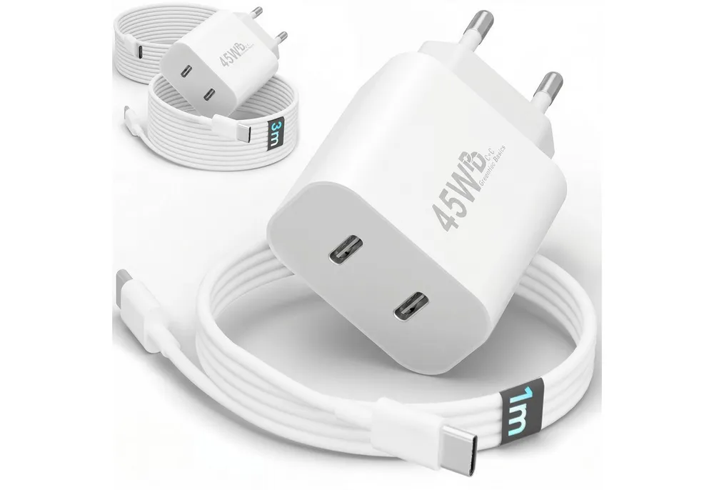 GreenHec 45w USB C Schnellladegerät für Samsung Galaxy S26 S25 S24 S23 S22 Fast Schnelllade-Gerät (50 mA, Spar-Set, 45w USB-C Dual Charger + USB-C Kabel, S26+ Ultra Schnellladekabel Ladegerät Handy Charger Netzteil Dual Port)