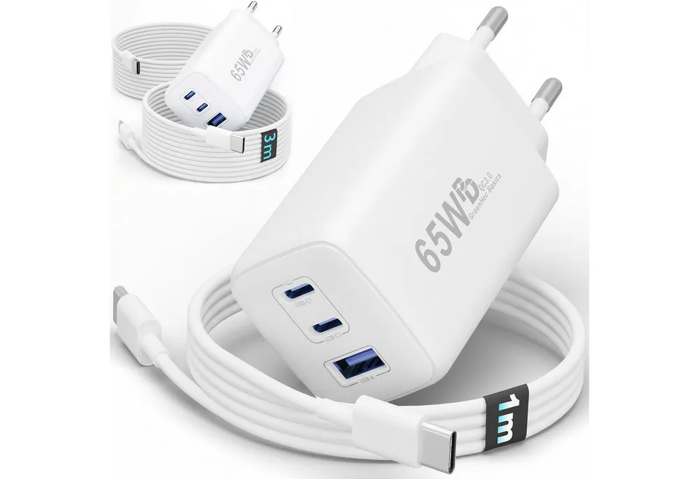 GreenHec 65w USB-C Ladegerät 3-Port Mehrfach Schnellladegerät GAN Netzteil Schnelllade-Gerät (50 mA, Spar-Set, Universelle Kompatibilität, + Ladekabel Fast Charger Adapter Macbook Ladestation Type C + USB-AA)