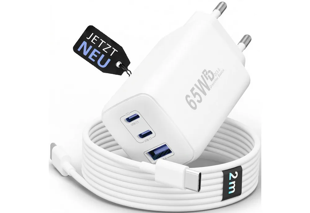 GreenHec 65w USB-C Ladegerät 3-Port Mehrfach Schnellladegerät GAN Netzteil Schnelllade-Gerät (50 mA, Spar-Set, Universelle Kompatibilität, + Ladekabel Fast Charger Adapter Macbook Ladestation Type C + USB-AA)