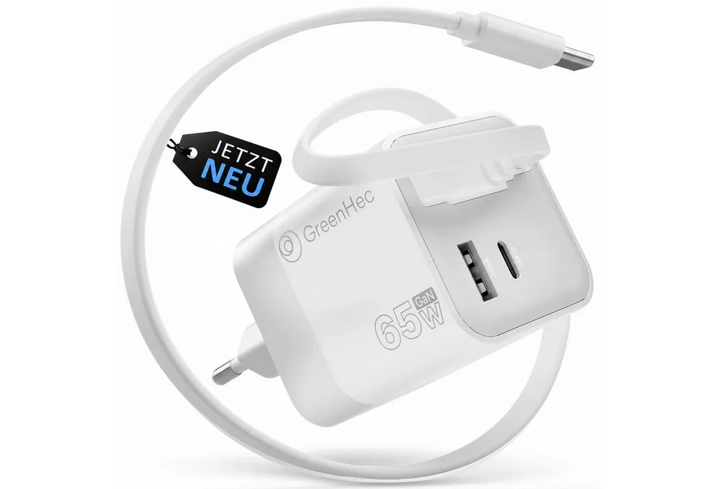 GreenHec 65w USB-C Ladegerät - Ausziehbares Kabel, GaN Schnell Charger Schnelllade-Gerät (50 mA, Spar-Set, Universelle Kompatibilität, Netzteil, 3 Port Stecker, für Macbook, Labtop, iPad, iPhone, Samsung)