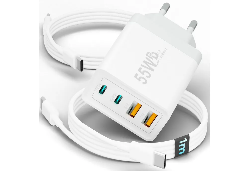 GreenHec Ladegerät USB-C iPhone mehrfach Charger Handy Stecker Adapter Netzteil Schnelllade-Gerät (0,00 mA, set, 55w Quatro Charger, iPhone 17 16 15 14 13 12 iPad, Schnell, 55w Multiport, Kabel, 2er Pack)