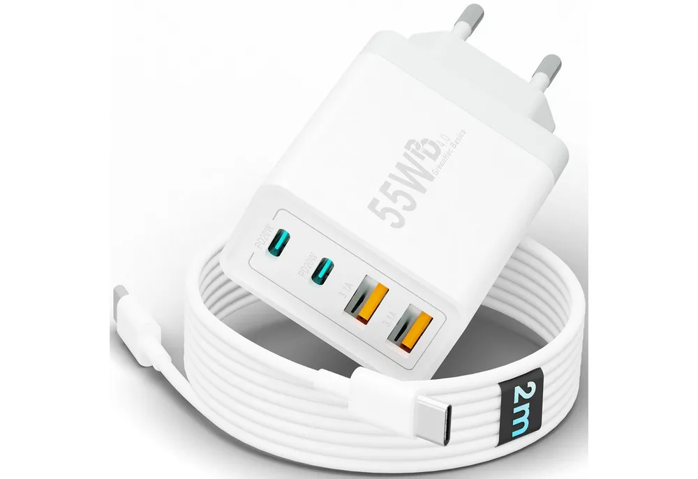 GreenHec Ladegerät USB-C iPhone mehrfach Schnell Handy Adapter Netzteil + Kabel Schnelllade-Gerät (0 mA, Spar-Set, 55w Quatro Charger + USB-C Kabel, iPhone 17 16 15 14 13 12 Pro Max Air, 4 Multi Ports 55w 1m 2m 3m Laden)