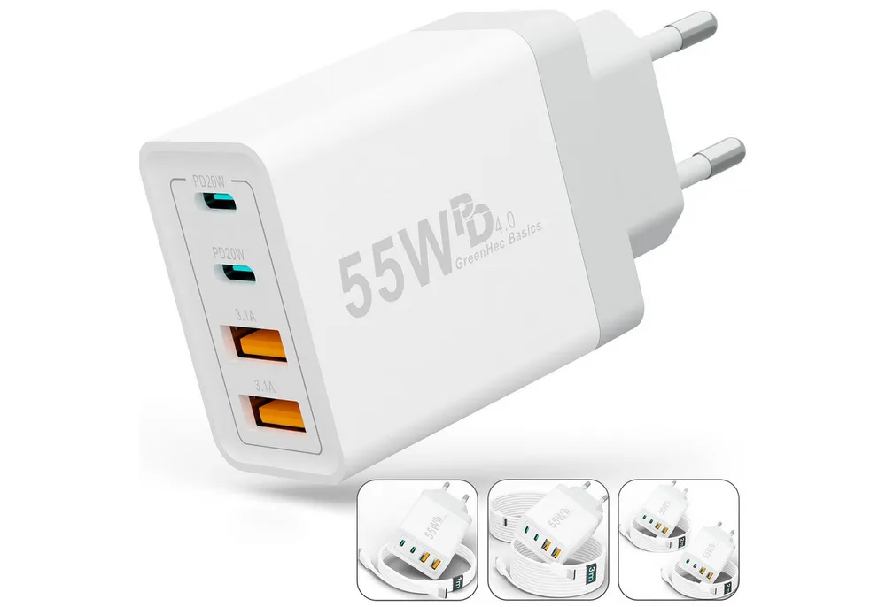 GreenHec Ladegerät USB-C iPhone mehrfach Charger Handy Stecker Adapter Netzteil Schnelllade-Gerät (0,00 mA, set, 55w Quatro Charger, iPhone 17 16 15 14 13 12 iPad, Schnell, 55w Multiport, Kabel, 2er Pack)