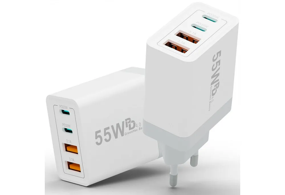 GreenHec Ladegerät USB-C iPhone mehrfach Charger Handy Stecker Adapter Netzteil Schnelllade-Gerät (0,00 mA, set, 55w Quatro Charger, iPhone 17 16 15 14 13 12 iPad, Schnell, 55w Multiport, Kabel, 2er Pack)