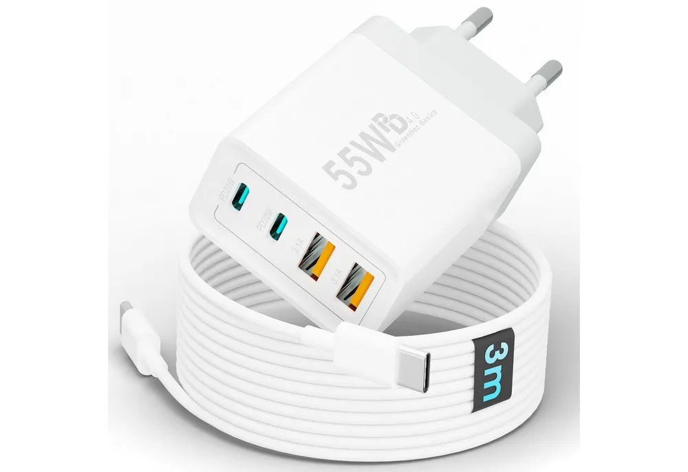 GreenHec Ladegerät USB-C iPhone mehrfach Charger Handy Stecker Adapter Netzteil Schnelllade-Gerät (0,00 mA, set, 55w Quatro Charger, iPhone 17 16 15 14 13 12 iPad, Schnell, 55w Multiport, Kabel, 2er Pack)