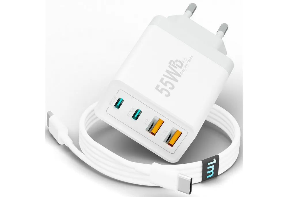 GreenHec Ladegerät USB-C iPhone mehrfach Charger Handy Stecker Adapter Netzteil Schnelllade-Gerät (0,00 mA, set, 55w Quatro Charger, iPhone 17 16 15 14 13 12 iPad, Schnell, 55w Multiport, Kabel, 2er Pack)