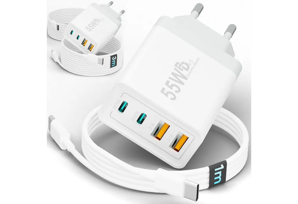 GreenHec Ladegerät USB-C iPhone mehrfach Schnell Handy Adapter Netzteil + Kabel Schnelllade-Gerät (0 mA, Spar-Set, 55w Quatro Charger + USB-C Kabel, iPhone 17 16 15 14 13 12 Pro Max Air, 4 Multi Ports 55w 1m 2m 3m Laden)