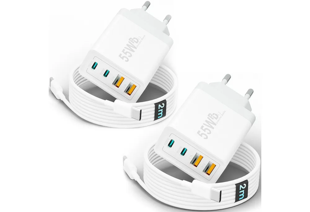 GreenHec Ladegerät USB-C iPhone mehrfach Charger Handy Stecker Adapter Netzteil Schnelllade-Gerät (0,00 mA, set, 55w Quatro Charger, iPhone 17 16 15 14 13 12 iPad, Schnell, 55w Multiport, Kabel, 2er Pack)